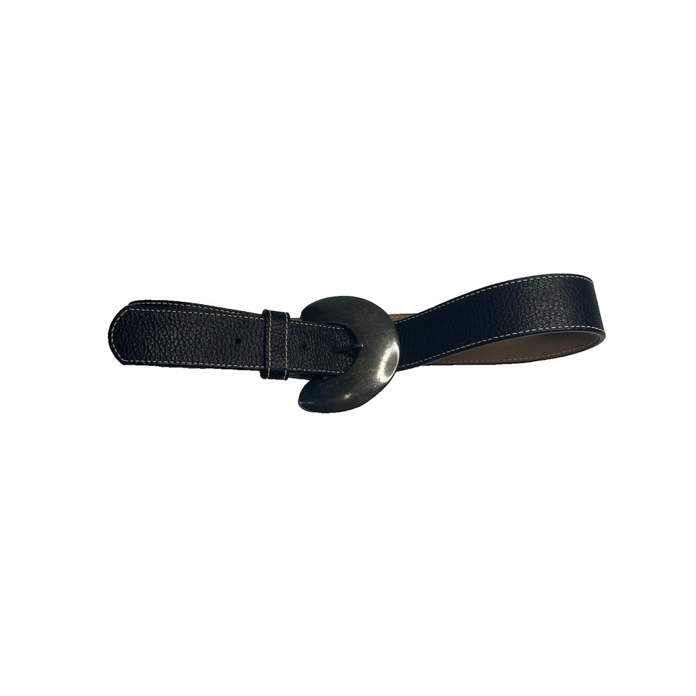 Black Leather Belt with Sculpted Metal Loop Buckle - Women
